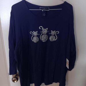 Womans purple top with set of 3 silver cats by Karen Scott 3X NWT